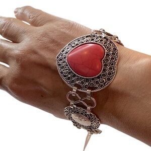 Western Heart Silver tone Link Bracelet Red Jasper Style Faux Stone Boho Aztec